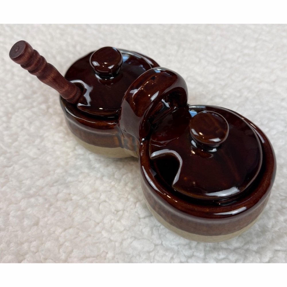 (VTG) Brown/Tan Ceramic Double Condiment Caddy Dish with Spoon - Picture 14 of 15